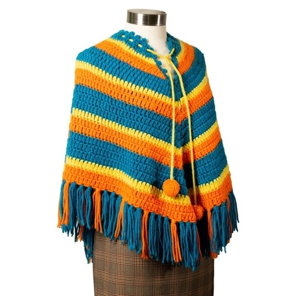 Vintage Multicolor Crocheted Poncho with Pom Poms Rainbow Barbie Hippie Pride - Picture 4 of 10